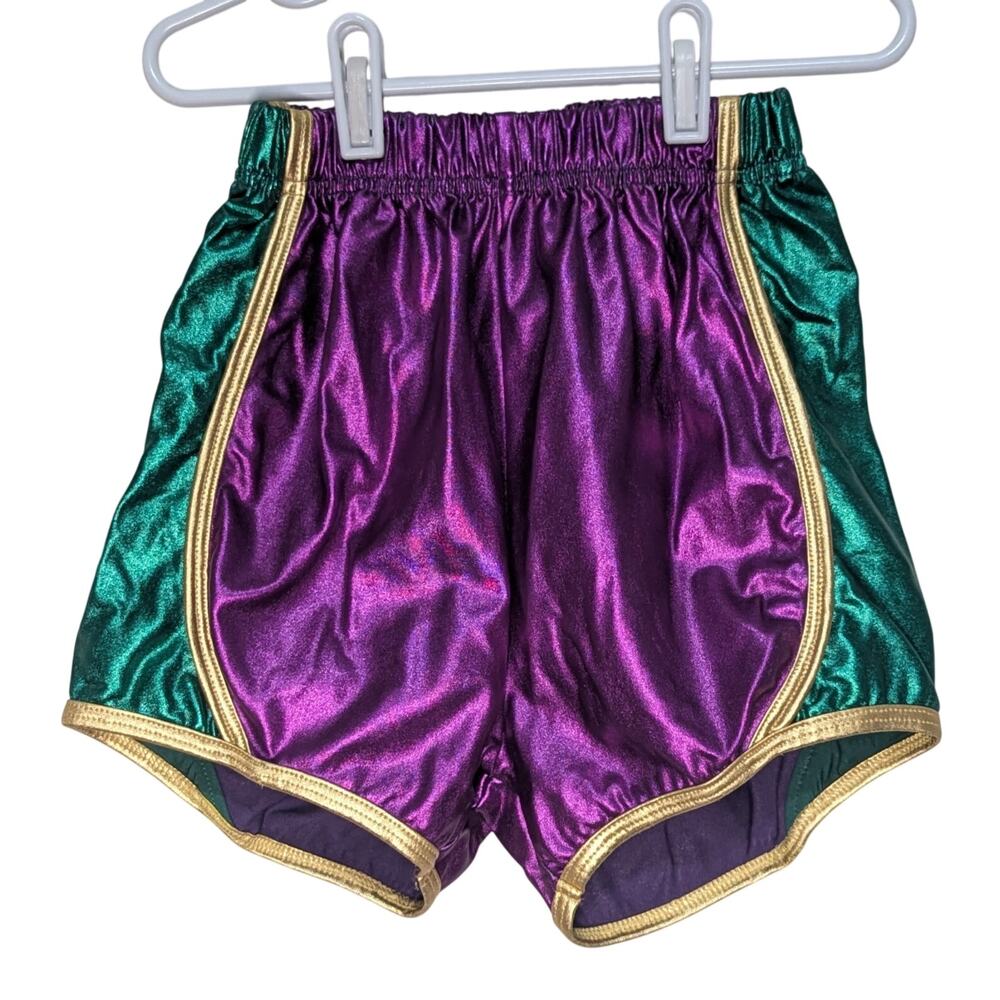 Blended Spirit Purple Green Gold Metallic Elastic Waist Mardi Gras Shorts 10-12Y